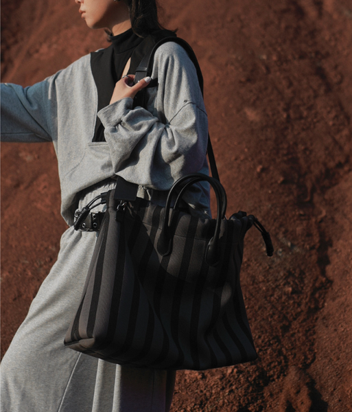 Large Capacity Canvas Tote Bag Grey Stripes Drawstring Top Leather Handles Women's Bags & Handbags