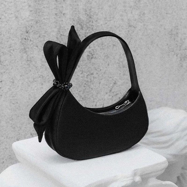 Chic Black Crescent Bag With Statement Bow Pu Leather Shoulder Purse Women's Bags & Handbags