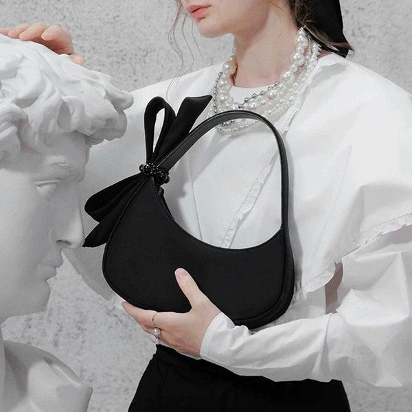 Chic Black Crescent Bag With Statement Bow Pu Leather Shoulder Purse Women's Bags & Handbags
