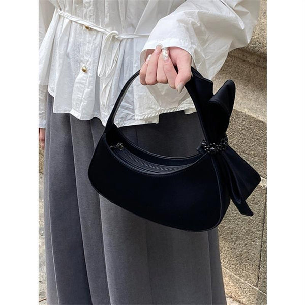 Chic Black Crescent Bag With Statement Bow Pu Leather Shoulder Purse Women's Bags & Handbags
