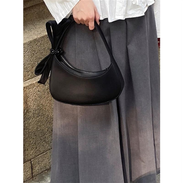 Chic Black Crescent Bag With Statement Bow Pu Leather Shoulder Purse Women's Bags & Handbags