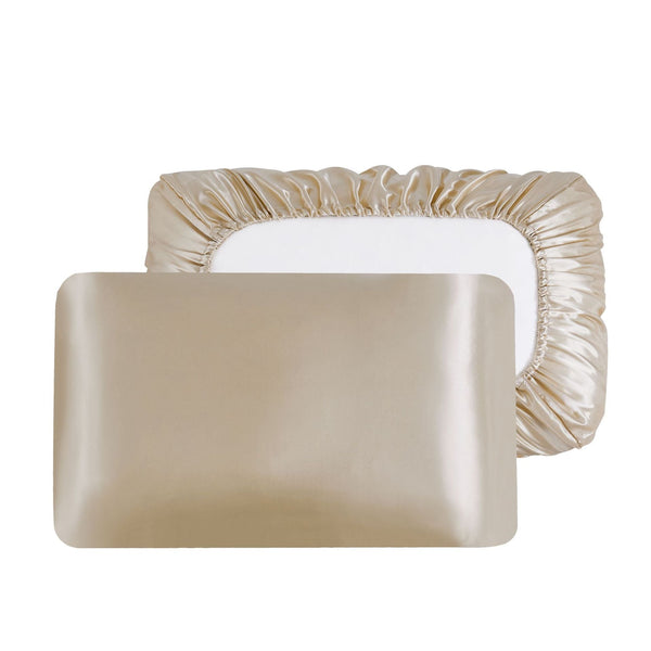 Champagne Silky Satin Pillowcase Pair Smooth For Hair & Skin Elastic Fitted (46X90+16Cm) Pillow Cases