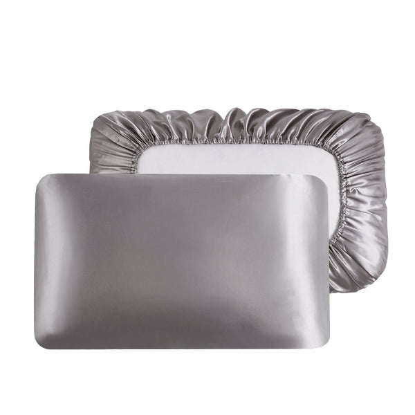 Gray Silky Satin Pillowcase Pair Smooth For Hair & Skin Elastic Fitted (46X70+16Cm) Pillow Cases