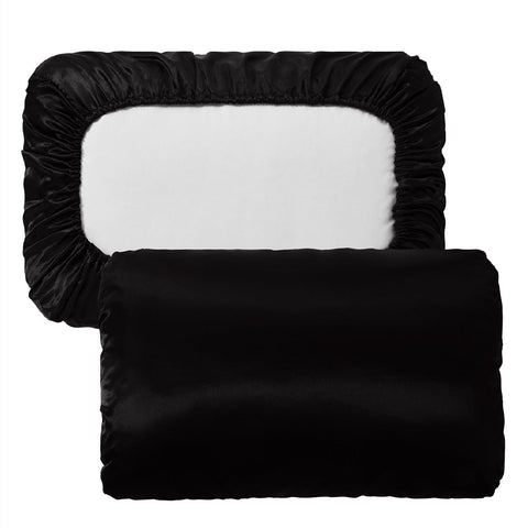 Black Silky Satin Pillowcase Pair Smooth For Hair & Skin Elastic Fitted (46X90+16Cm) Pillow Cases