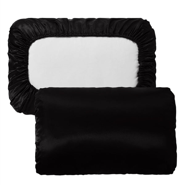Black Silky Satin Pillowcase Pair Smooth For Hair & Skin Elastic Fitted (46X70+16Cm) Pillow Cases