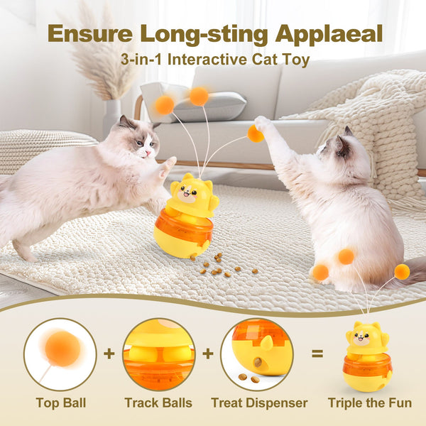 Yellow 3 In 1 Interactive Cat Toy Tumbler Treat Dispenser Track & Teaser Ball Cat Toys