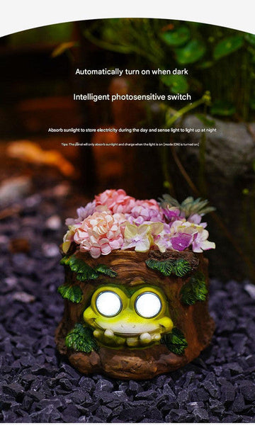 Frog Solar Light Planter Resin Succulent Pot With Glowing Eyes (Stump Frog) Planters & Vases