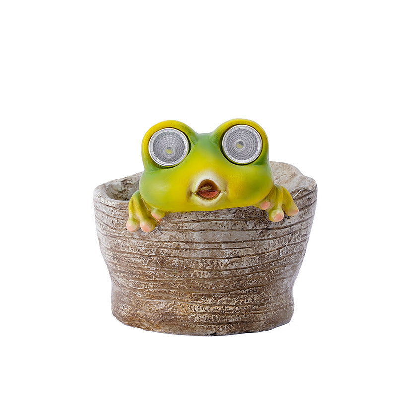 Frog Solar Light Planter Resin Succulent Pot With Glowing Eyes (Stone Basin Frog) Planters & Vases
