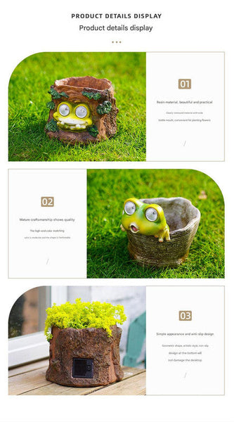 Frog Solar Light Planter Resin Succulent Pot With Glowing Eyes (Stone Basin Frog) Planters & Vases