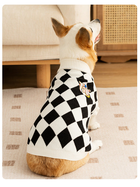 Classic Argyle Dog Sweater Black & White Knit For Corgis Medium Breeds Dog Clothing & Shoes