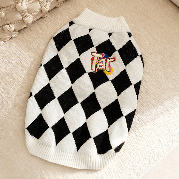 Classic Argyle Dog Sweater Black & White Knit For Corgis Medium Breeds Dog Clothing & Shoes