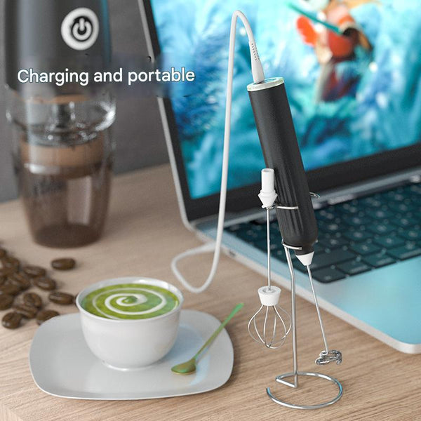 Green Usb Rechargeable Milk Frother 3 Speed Handheld Electric Whisk With Stand Milk Frothers