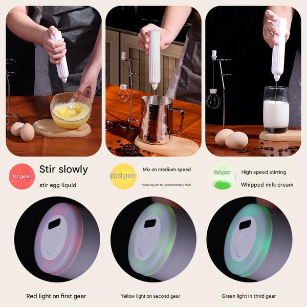 White Usb Rechargeable Milk Frother 3 Speed Handheld Electric Whisk With Stand Milk Frothers