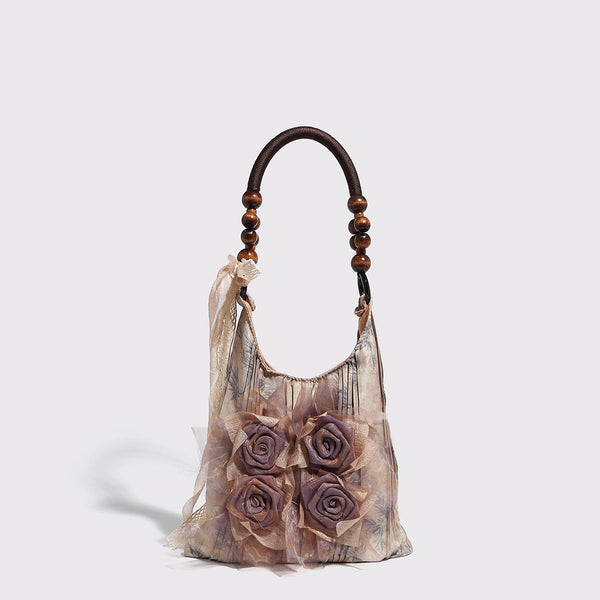 Rose Floral Shoulder Bag 3D Fabric Flowers Bead Handle Tote Women's Bags & Handbags