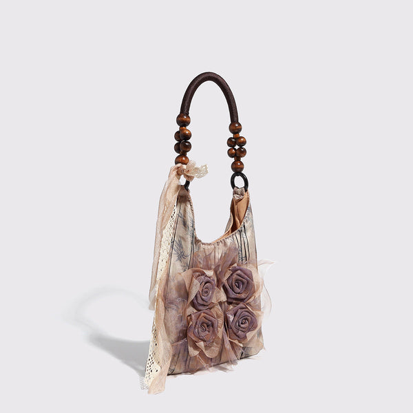 Rose Floral Shoulder Bag 3D Fabric Flowers Bead Handle Tote Women's Bags & Handbags