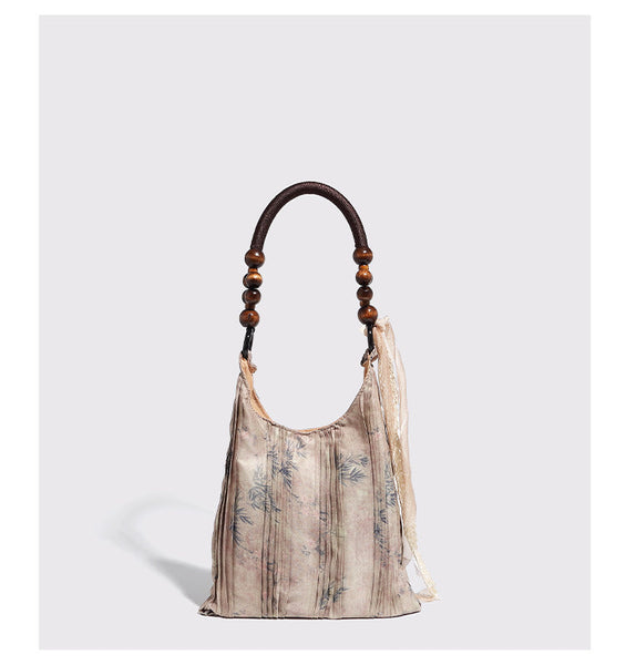 Rose Floral Shoulder Bag 3D Fabric Flowers Bead Handle Tote Women's Bags & Handbags