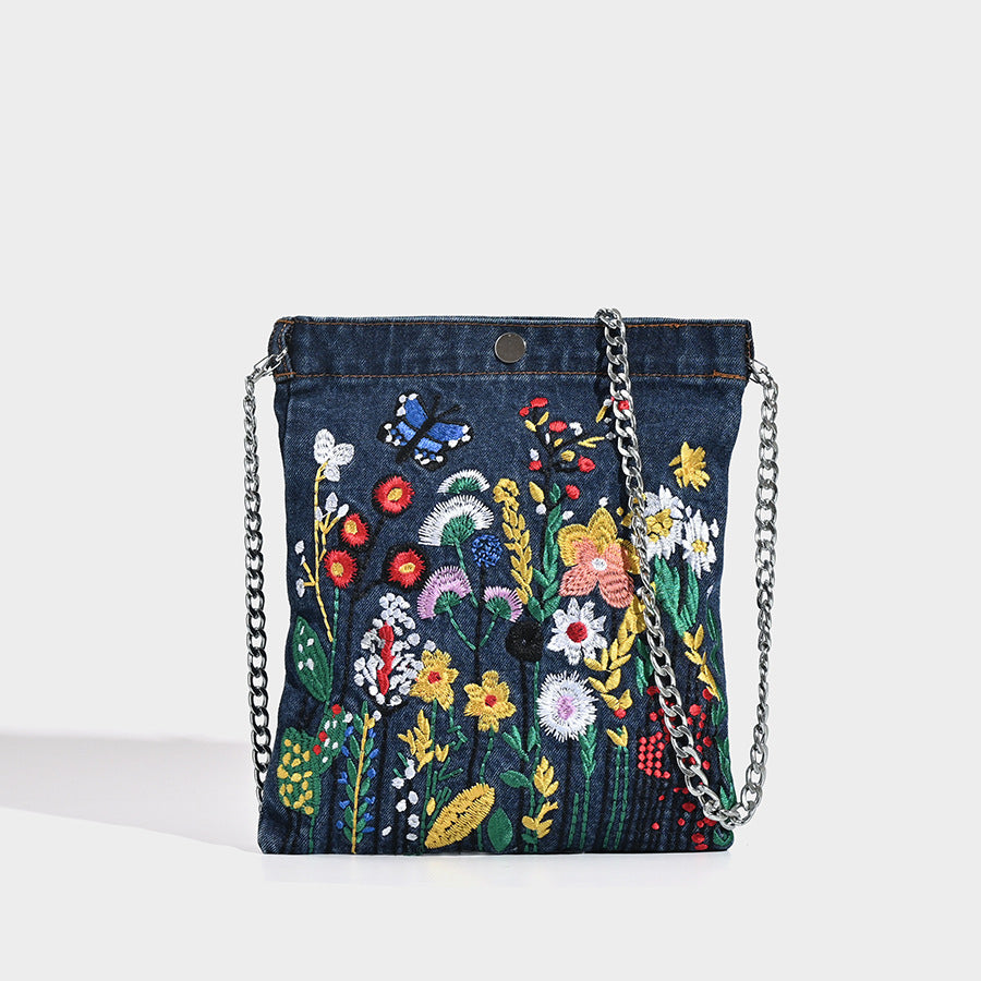 Embroidered Floral Denim Crossbody Bag Butterfly & Wildflower Design Chain Strap Women's Bags & Handbags