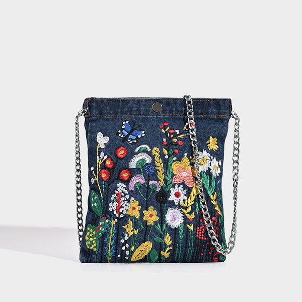 Embroidered Floral Denim Crossbody Bag Butterfly & Wildflower Design Chain Strap Women's Bags & Handbags