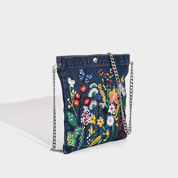 Embroidered Floral Denim Crossbody Bag Butterfly & Wildflower Design Chain Strap Women's Bags & Handbags