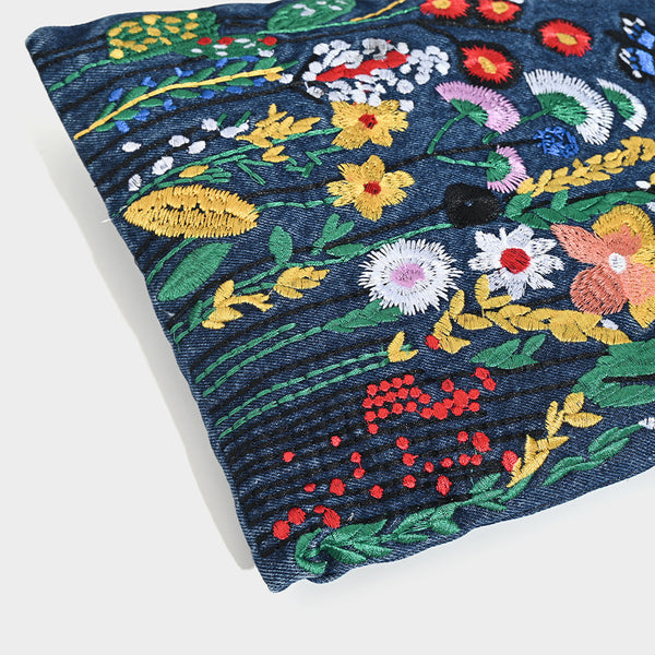 Embroidered Floral Denim Crossbody Bag Butterfly & Wildflower Design Chain Strap Women's Bags & Handbags