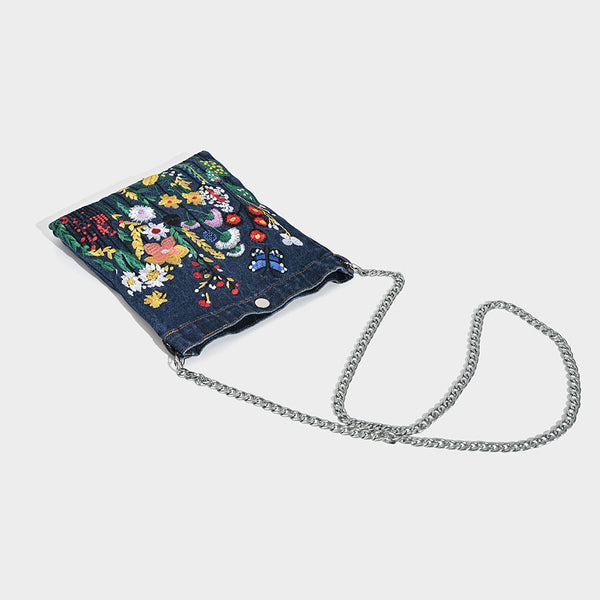 Embroidered Floral Denim Crossbody Bag Butterfly & Wildflower Design Chain Strap Women's Bags & Handbags
