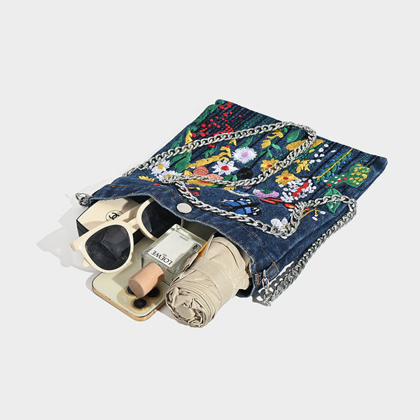 Embroidered Floral Denim Crossbody Bag Butterfly & Wildflower Design Chain Strap Women's Bags & Handbags