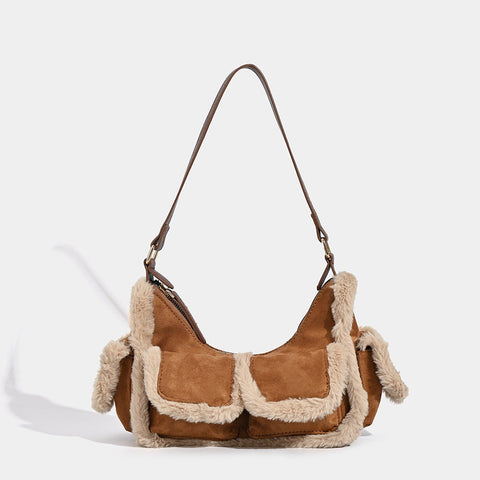 Faux Shearling Trim Suede Shoulder Bag Multi Pocket Y2k Retro Style Women's Bags & Handbags
