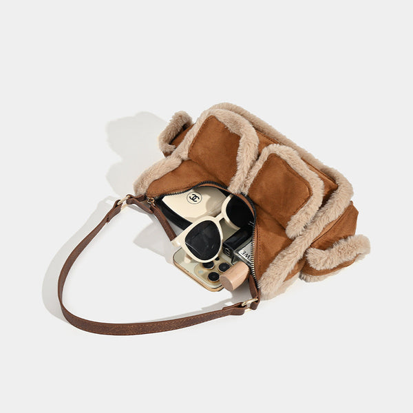 Faux Shearling Trim Suede Shoulder Bag Multi Pocket Y2k Retro Style Women's Bags & Handbags