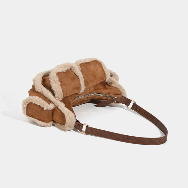 Faux Shearling Trim Suede Shoulder Bag Multi Pocket Y2k Retro Style Women's Bags & Handbags