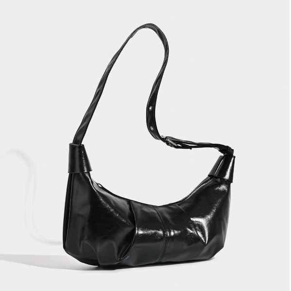 Chic Ruched Faux Leather Bag Vintage Inspired Croissant Style, Black Women's Bags & Handbags