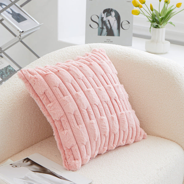 A Pair Of Pink Plush Faux Rabbit Fur Throw Pillow Cover Textured Wheat Ear Design (45X45cm) Cushion Covers