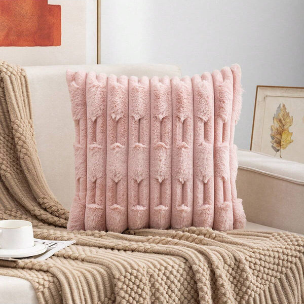 A Pair Of Pink Plush Faux Rabbit Fur Throw Pillow Cover Textured Wheat Ear Design (45X45cm) Cushion Covers