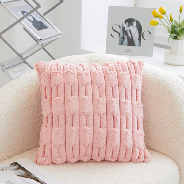 A Pair Of Pink Plush Faux Rabbit Fur Throw Pillow Cover Textured Wheat Ear Design (45X45cm) Cushion Covers
