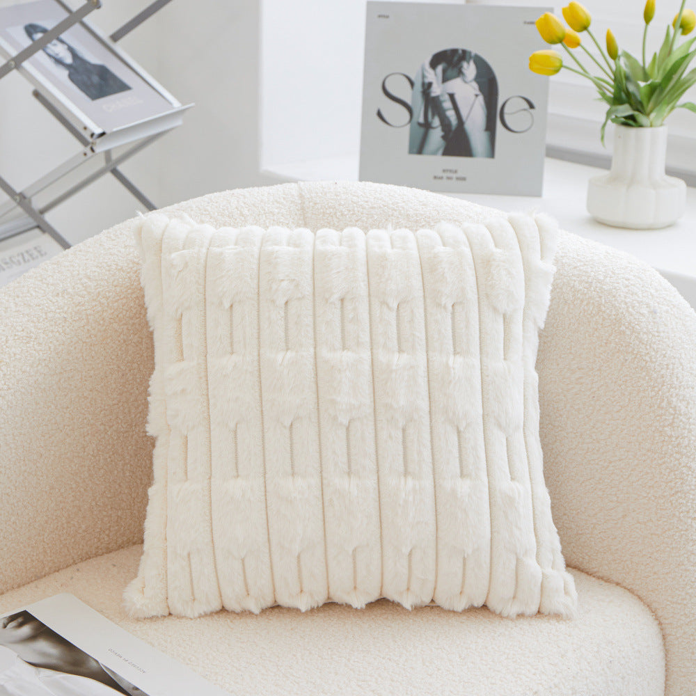 A Pair Of White Plush Faux Rabbit Fur Throw Pillow Cover Textured Wheat Ear Design (45X45cm) Cushion Covers