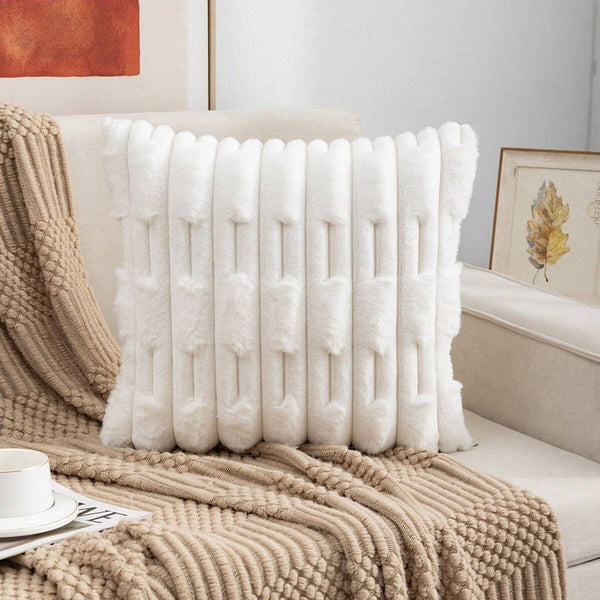 A Pair Of White Plush Faux Rabbit Fur Throw Pillow Cover Textured Wheat Ear Design (45X45cm) Cushion Covers