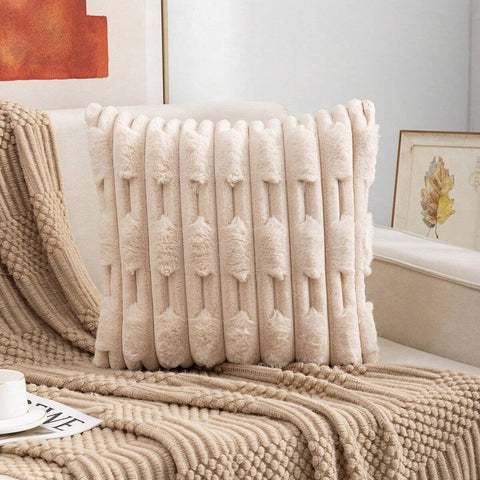 A Pair Of Khaki Plush Faux Rabbit Fur Throw Pillow Cover Textured Wheat Ear Design (45X45cm) Cushion Covers