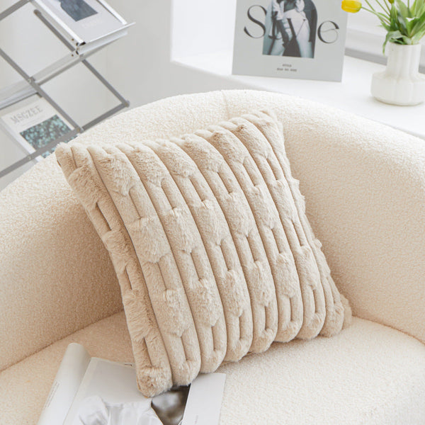 A Pair Of Khaki Plush Faux Rabbit Fur Throw Pillow Cover Textured Wheat Ear Design (45X45cm) Cushion Covers