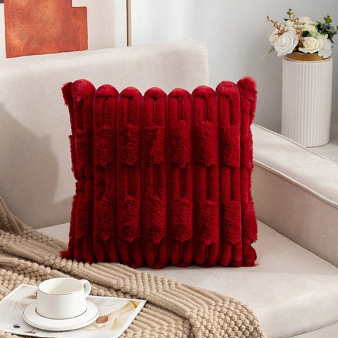 A Pair Of Red Plush Faux Rabbit Fur Throw Pillow Cover Textured Wheat Ear Design (45X45cm) Cushion Covers