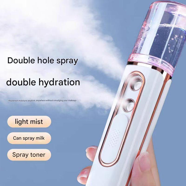 White Dual Nozzle Nano Facial Mister Usb Rechargeable Hydrating Spray Facial Cleansing Devices
