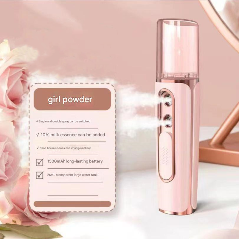 Pink Dual Nozzle Nano Facial Mister Usb Rechargeable Hydrating Spray Facial Cleansing Devices