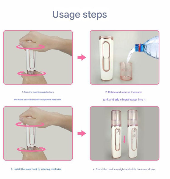 Purple Dual Nozzle Nano Facial Mister Usb Rechargeable Hydrating Spray Facial Cleansing Devices
