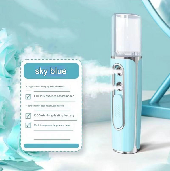 Blue Dual Nozzle Nano Facial Mister Usb Rechargeable Hydrating Spray Facial Cleansing Devices