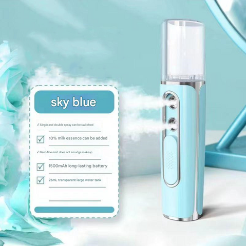 Blue Dual Nozzle Nano Facial Mister Usb Rechargeable Hydrating Spray Facial Cleansing Devices