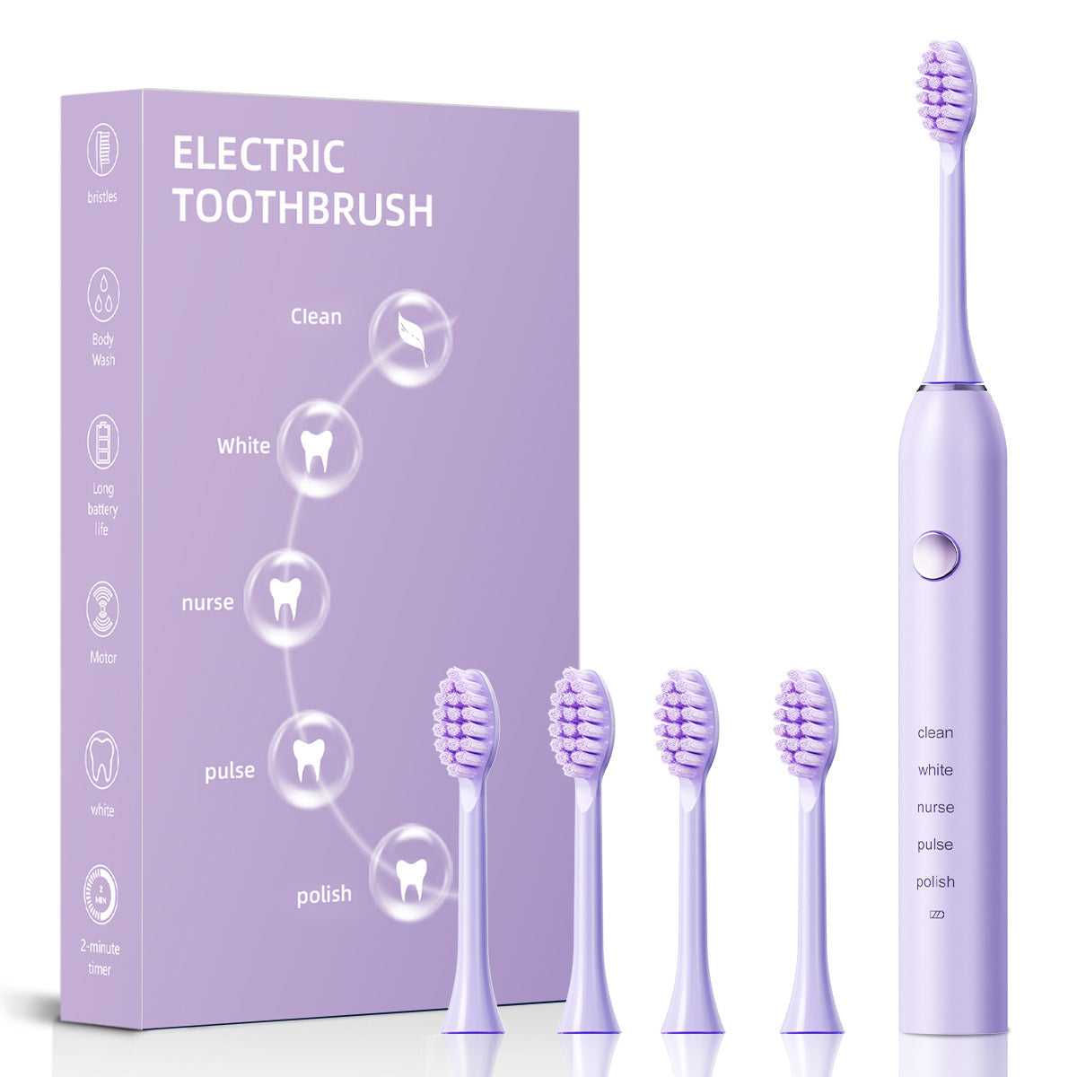 Advanced Sonic Toothbrush: 5 Cleaning Modes 2 Min Timer Usb Fast Charge Purple (4 Brush Heads) Electric Toothbrushes
