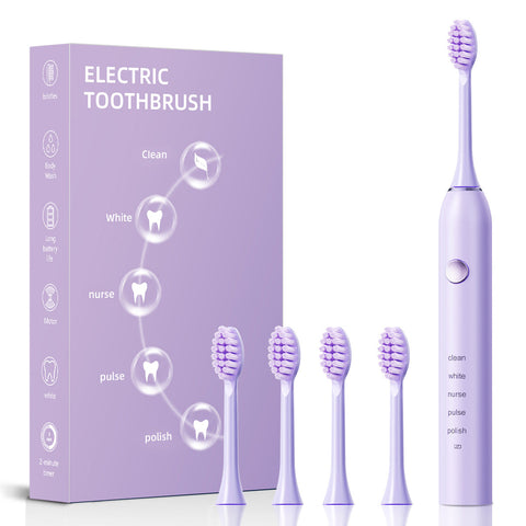 Advanced Sonic Toothbrush: 5 Cleaning Modes 2 Min Timer Usb Fast Charge Purple (4 Brush Heads) Electric Toothbrushes