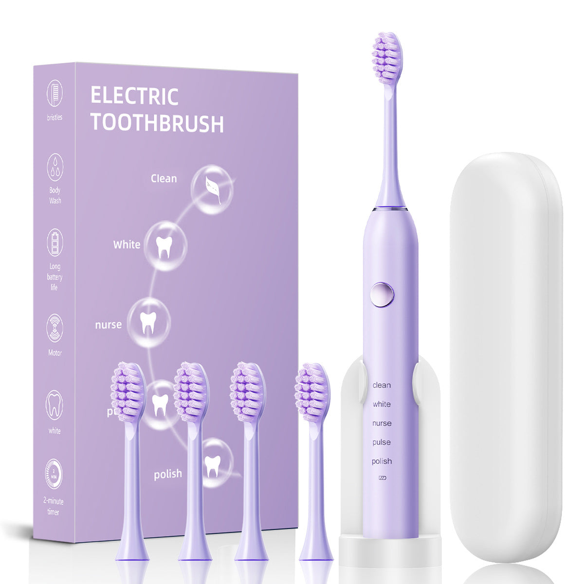 Advanced Sonic Toothbrush: 5 Cleaning Modes 2 Min Timer Usb Fast Charge Purple (4 Brush Heads + Bracket Box) Electric Toothbrushes
