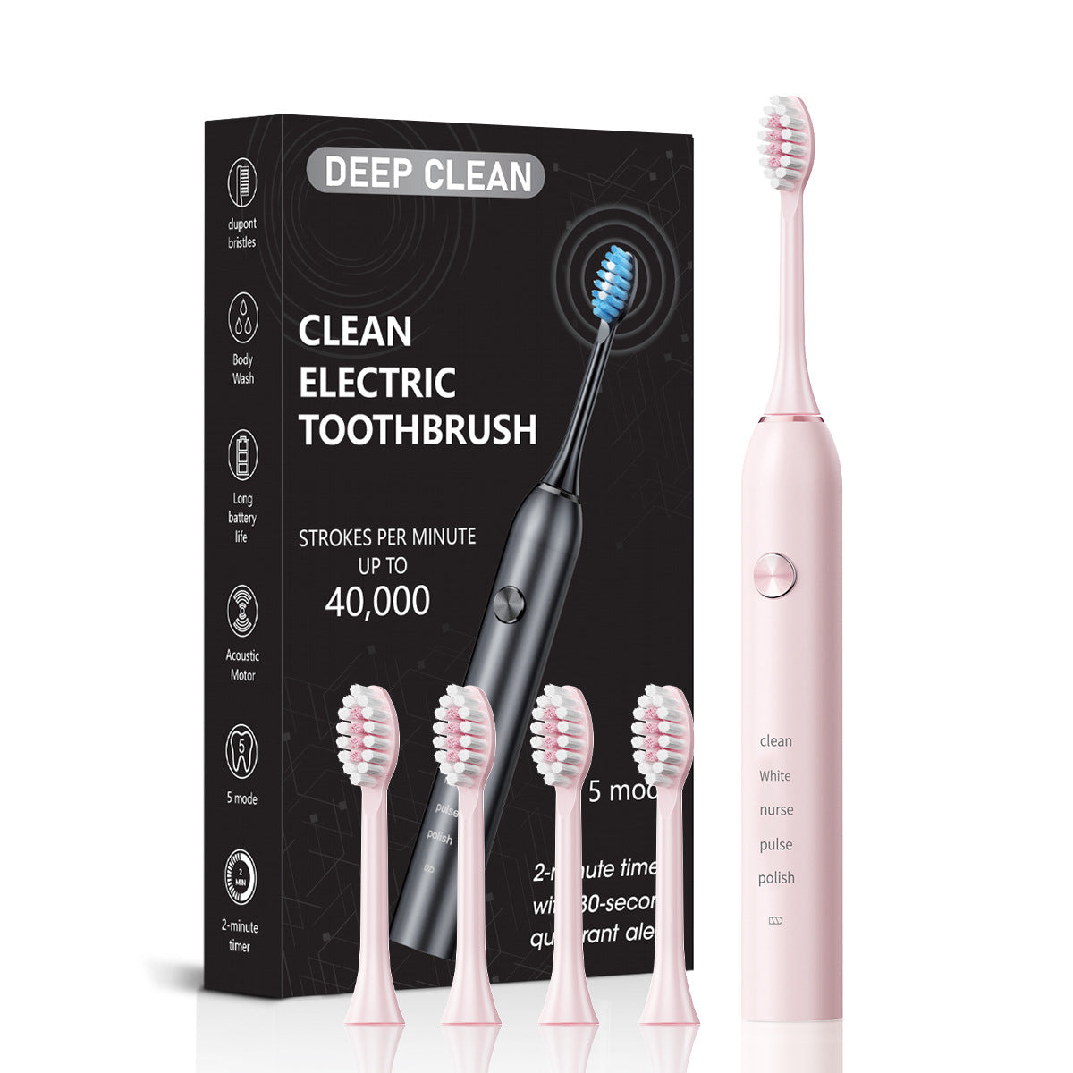 Pink Professional Sonic Toothbrush For Adults 5 Modes Smart Timer (4 Brush Heads) Electric Toothbrushes