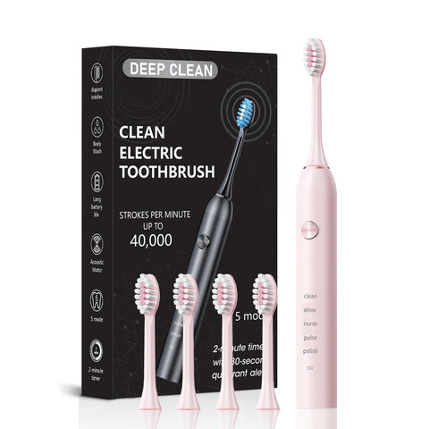 Pink Professional Sonic Toothbrush For Adults 5 Modes Smart Timer (4 Brush Heads) Electric Toothbrushes