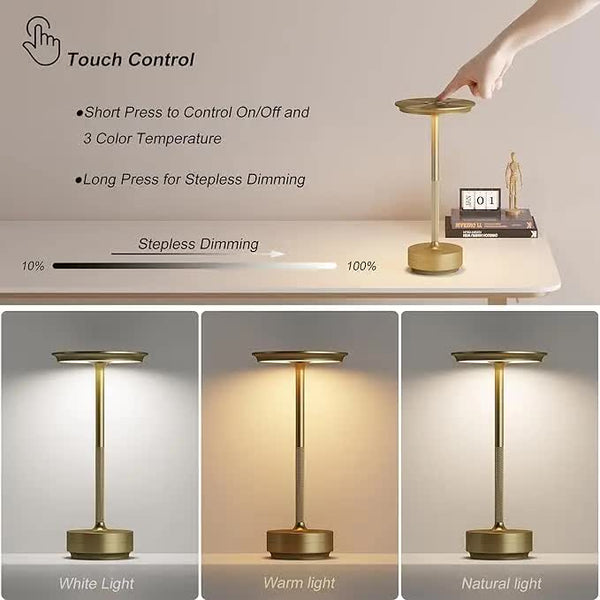 Silver Elegant Aluminum Alloy Rechargeable Led Touch Lamp 3 Color Dimmable Cordless Table Light Lamps
