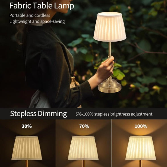 Gold And White Elegant Rechargeable Fabric Shade Led Lamp Cordless Touch Stepless Dimmable Table Light Lamps